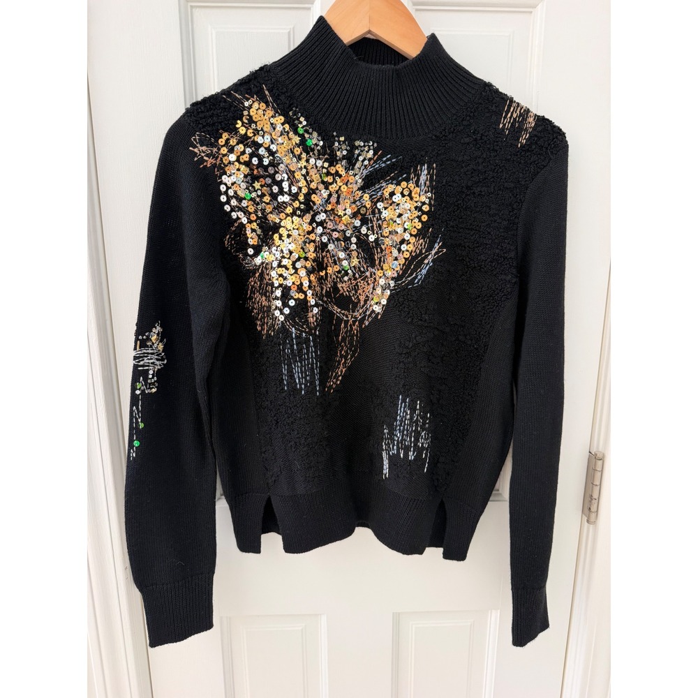Anthropologie Knitted & Knotted Sequin Embellished Mock Neck Sweater Black S
